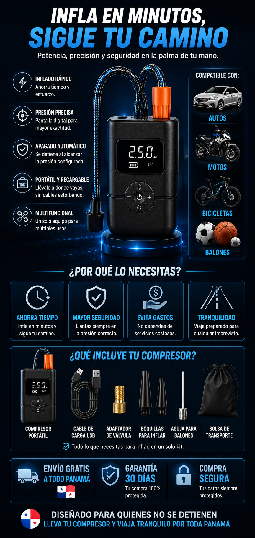 Compresor de Aire Portátil Digital Recargable