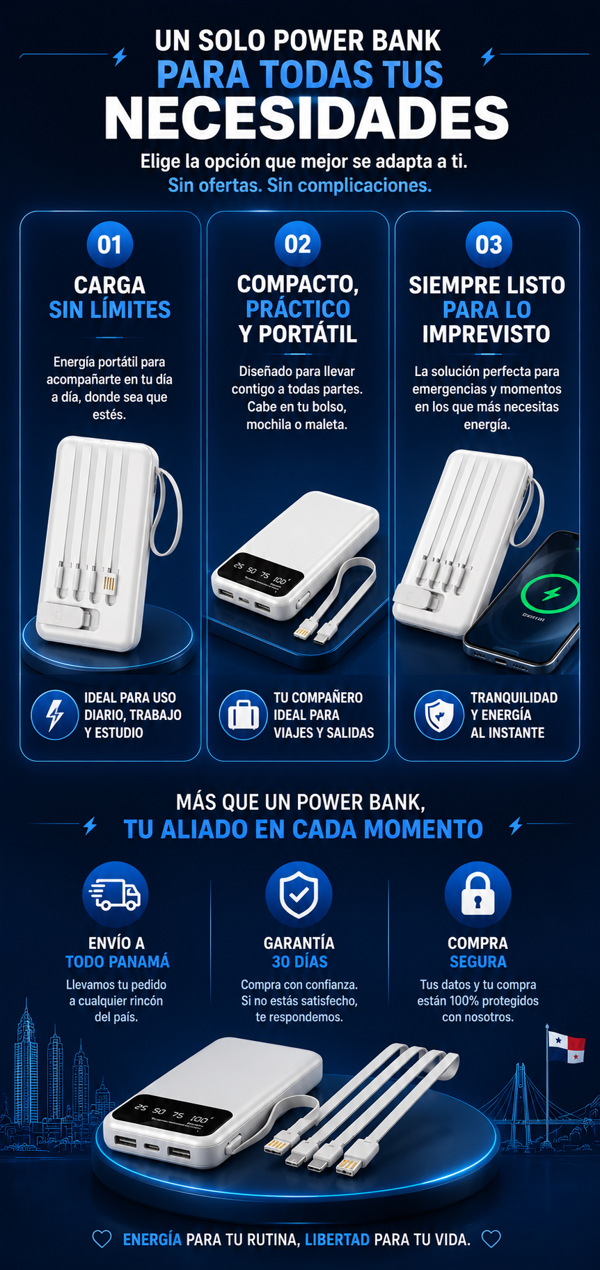 Power bank 10000 mAh con cables integrados