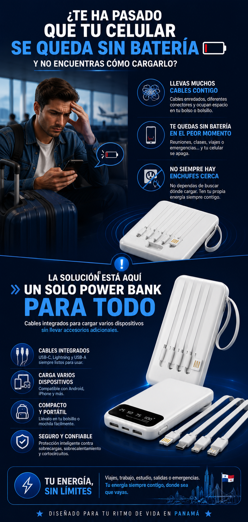 Power bank 10000 mAh con cables integrados