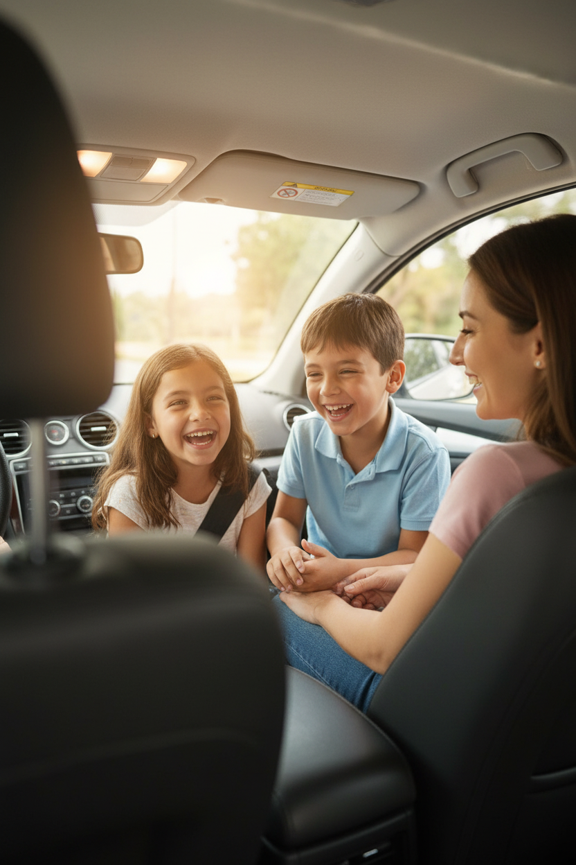 Familia latina en viaje usando DriveTab soporte tablet auto